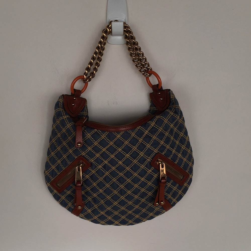 Blue Quilted Hobo Bag with Brown Trim and Gold Chain Handle